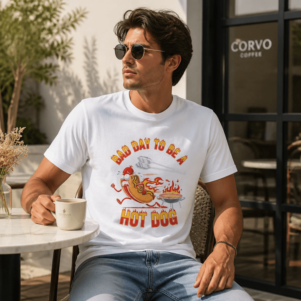 Model wearing Bad Day To Be A Hot Dog Graphic Tee T-Shirts in White
